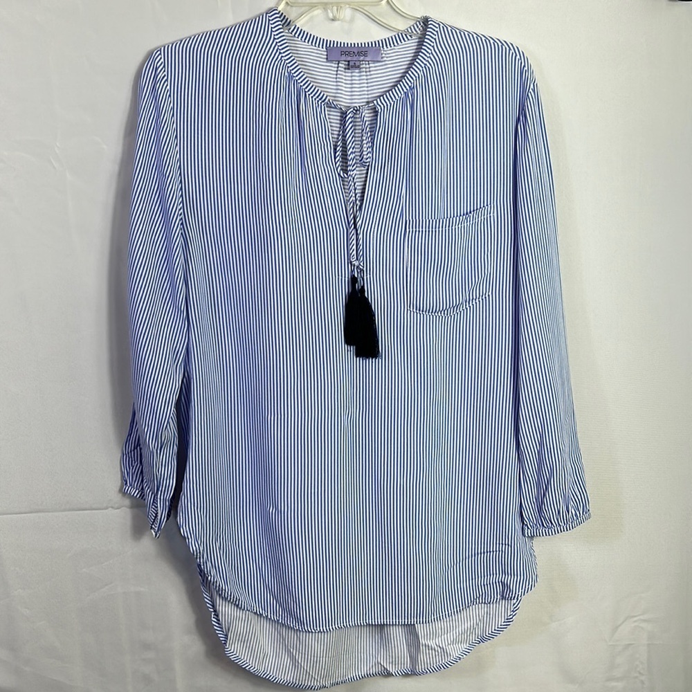 Premise Blue And White Striped Hi Lo Tunic Top Size Small Front Pocket